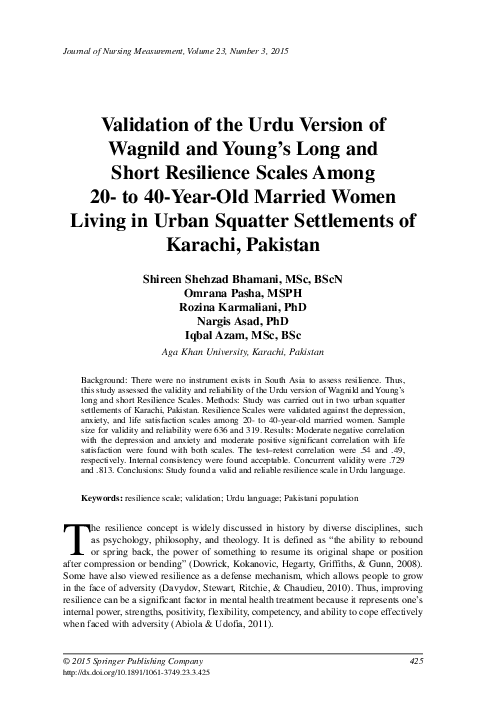 (PDF) Validation of the Urdu Version of Wagnild and Young’s Long and ...