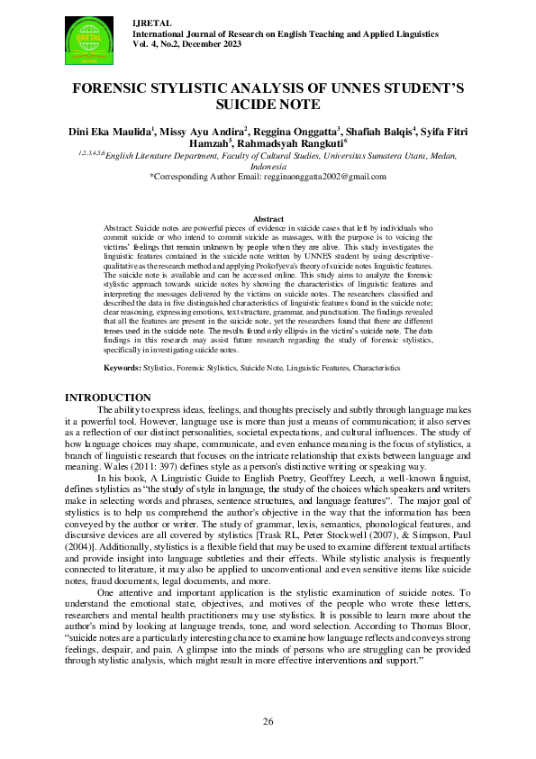 (PDF) Forensic Stylistic Analysis of UNNES Student’s Suicide Note