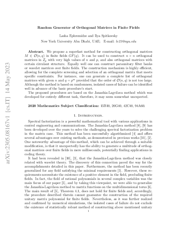(PDF) Random Generator of Orthogonal Matrices in Finite Fields