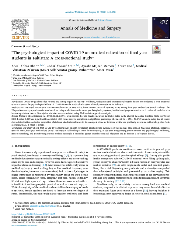 (PDF) “The psychological impact of COVID-19 on medical education of ...