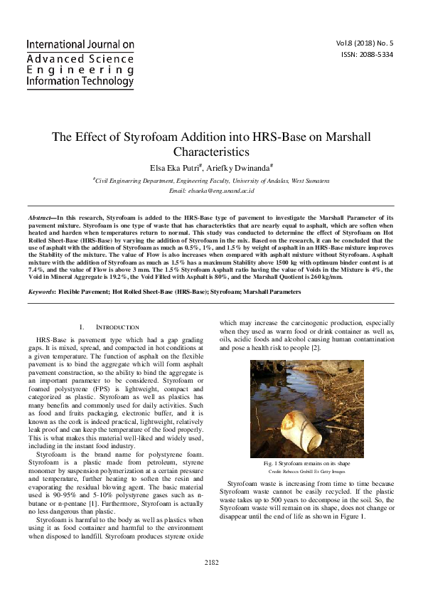 (PDF) The Effect of Styrofoam Addition into HRS-Base on Marshall ...