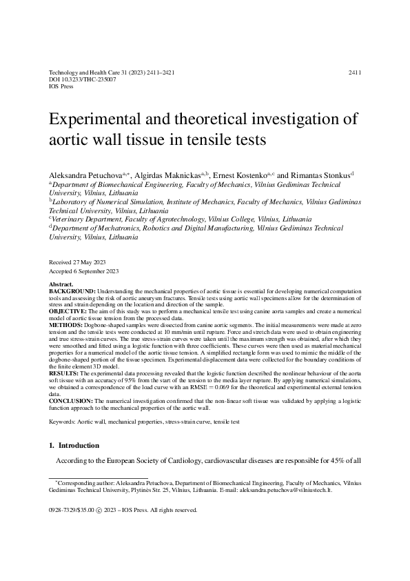 (PDF) Experimental and theoretical investigation of aortic wall tissue ...