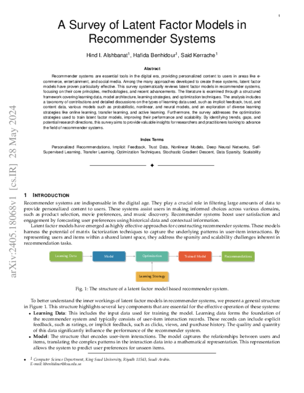(PDF) A Survey of Latent Factor Models in Recommender Systems
