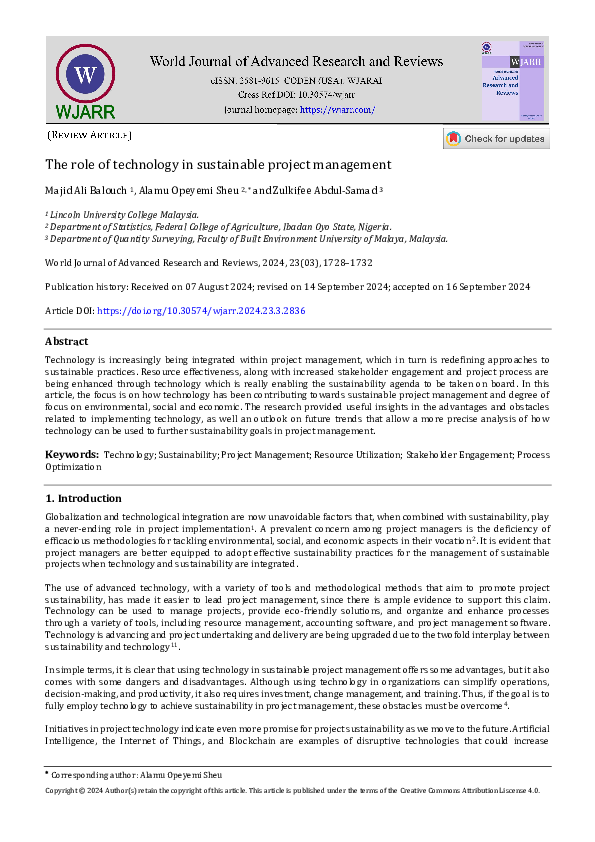(PDF) THE ROLE OF TECHNOLOGY IN SUSTAINABLE PROJECT MANAGEMNET