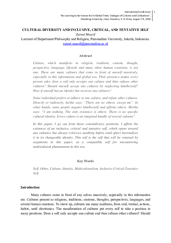 (PDF) CULTURAL DIVERSITY AND INCLUSIVE, CRITICAL, AND TENTATIVE SELF