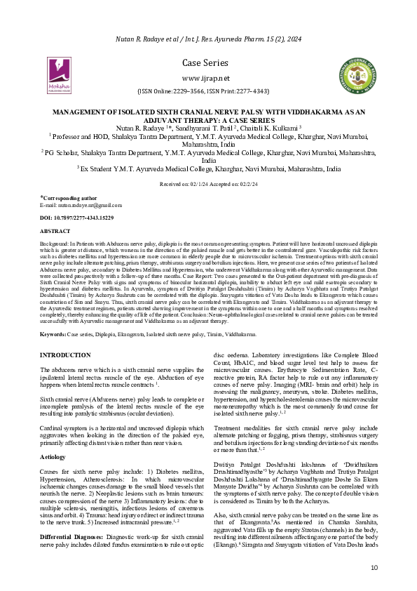 (PDF) Management of Isolated Sixth Cranial Nerve Palsy with Viddhakarma ...