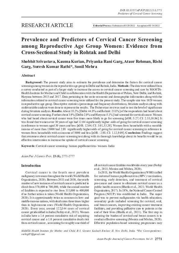 (PDF) Prevalence and Predictors of Cervical Cancer Screening among ...