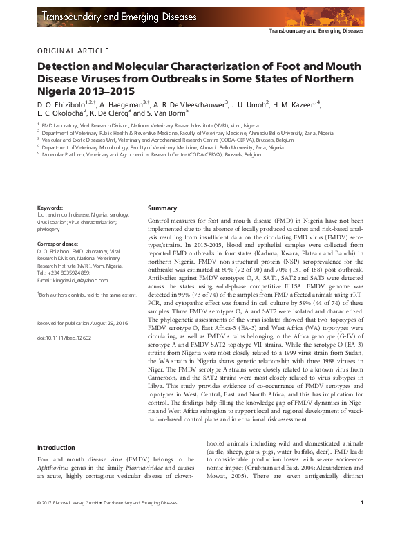 (PDF) Detection and Molecular Characterization of Foot and Mouth ...