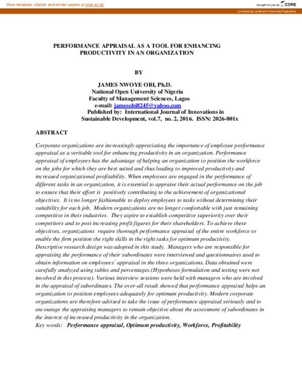 (PDF) Performance Appraisal as a Tool for Enhancingproductivity in an ...