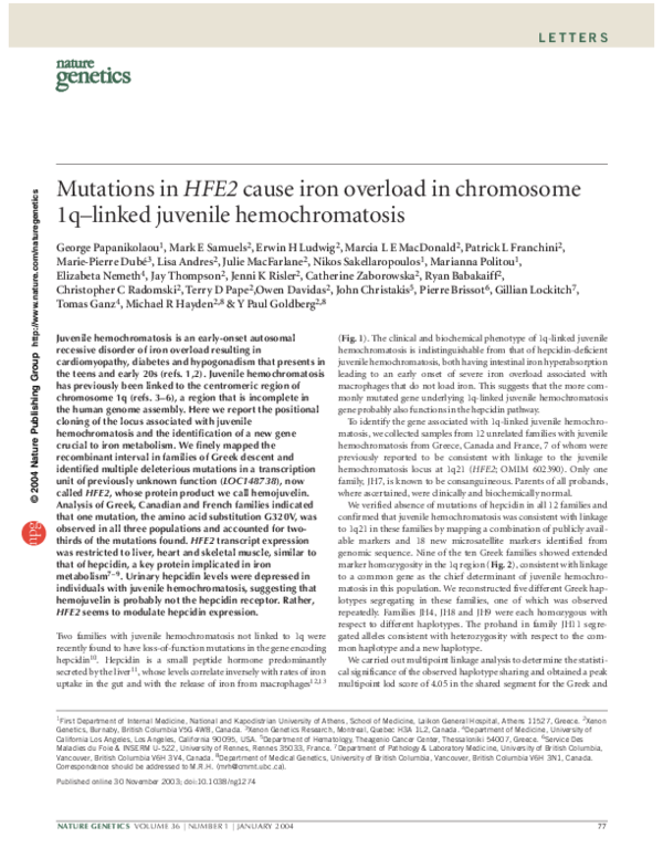 (PDF) Mutations in HFE2 cause iron overload in chromosome 1q–linked ...