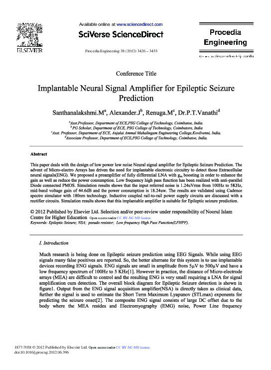 (PDF) Implantable Neural Signal Amplifier for Epileptic Seizure Prediction