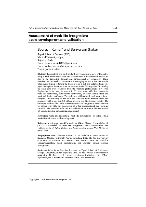 (PDF) Assessment of work-life integration: scale development and validation