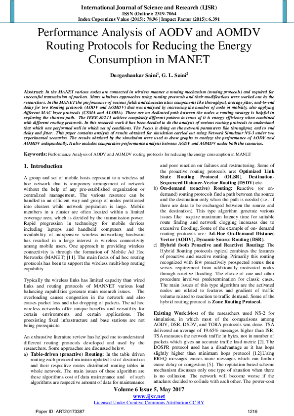 (PDF) Performance Analysis of AODV and AOMDV Routing Protocols for ...