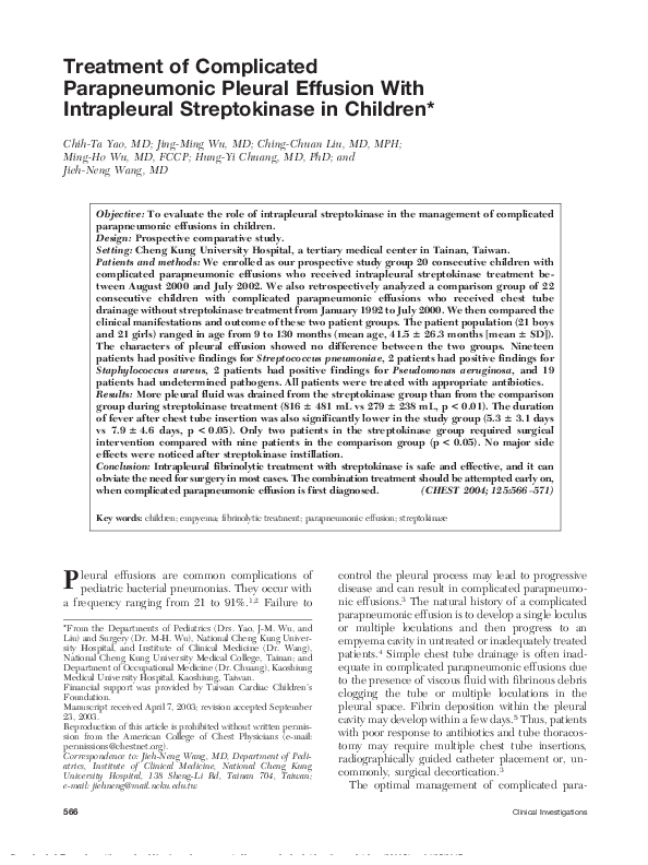 (PDF) Treatment of Complicated Parapneumonic Pleural Effusion With ...