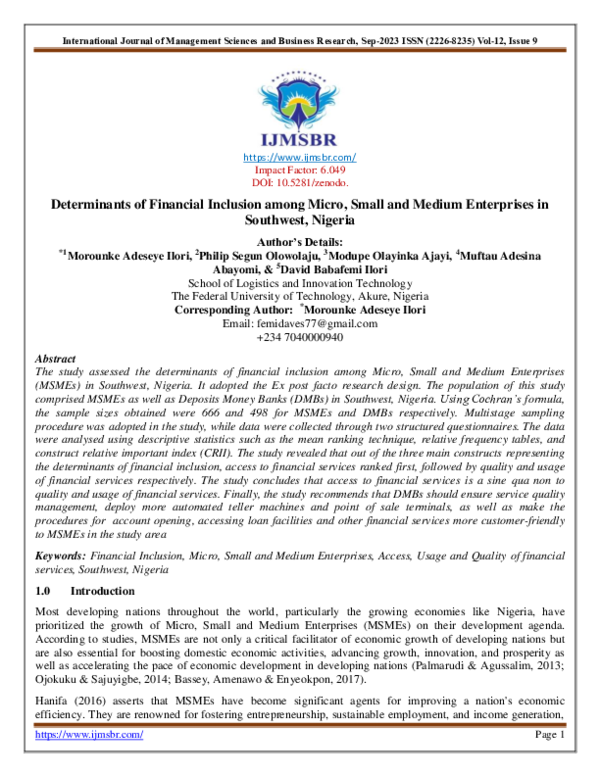(PDF) Determinants of Financial Inclusion among Micro, Small and Medium ...