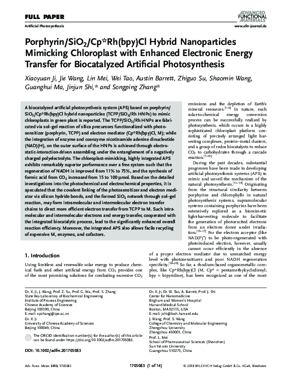 (PDF) Porphyrin/SiO2/Cp*Rh(bpy)Cl Hybrid Nanoparticles Mimicking ...