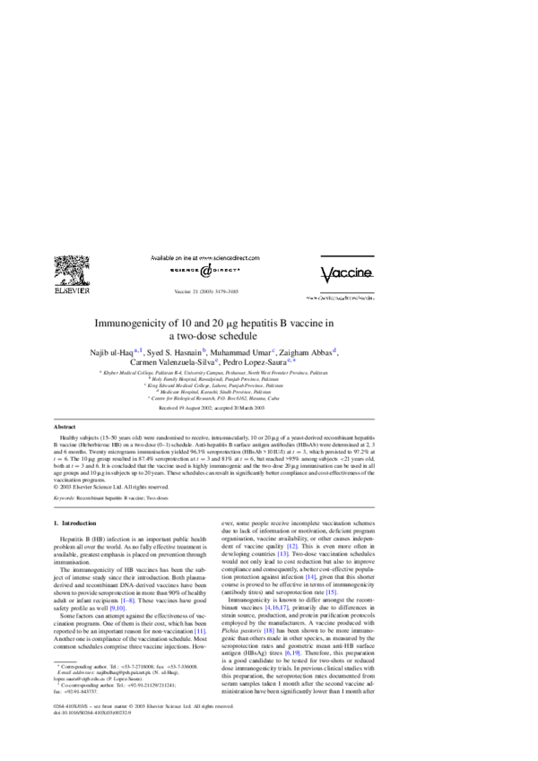 (PDF) Immunogenicity of 10 and 20 μg hepatitis B vaccine in a two-dose ...