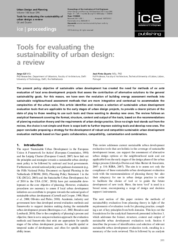 (PDF) Tools for evaluating the sustainability of urban design: a review