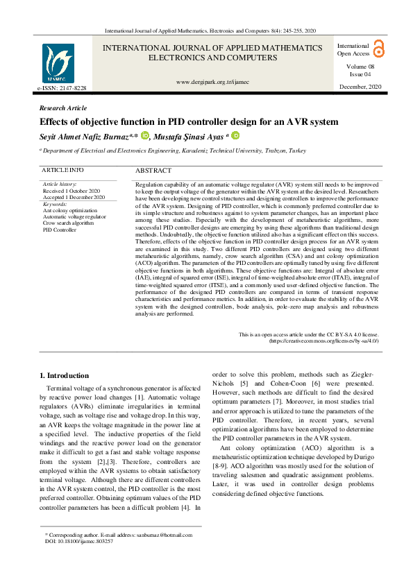 (PDF) Effects of objective function in PID controller design for an AVR ...