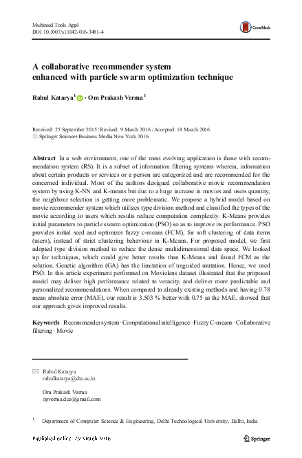 (PDF) A collaborative recommender system enhanced with particle swarm ...