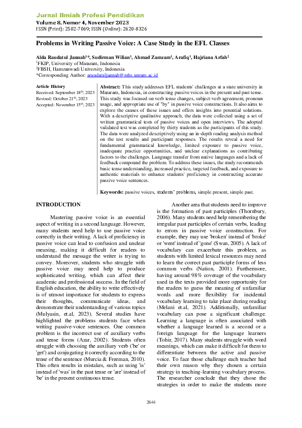(PDF) Problems in Writing Passive Voice: A Case Study in the EFL Classes