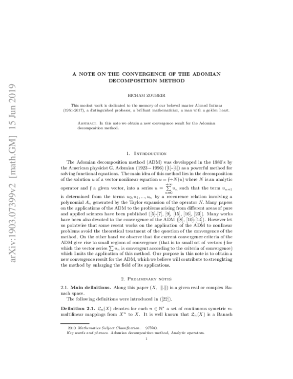 (PDF) A note on the convergence of the Adomian decomposition method