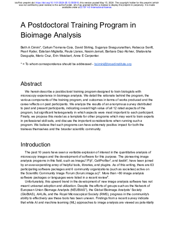 (PDF) A Postdoctoral Training Program in Bioimage Analysis