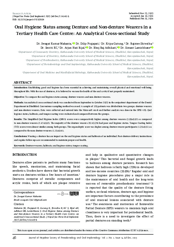 (PDF) Oral Hygiene Status among Denture and Non-denture Wearers in a ...