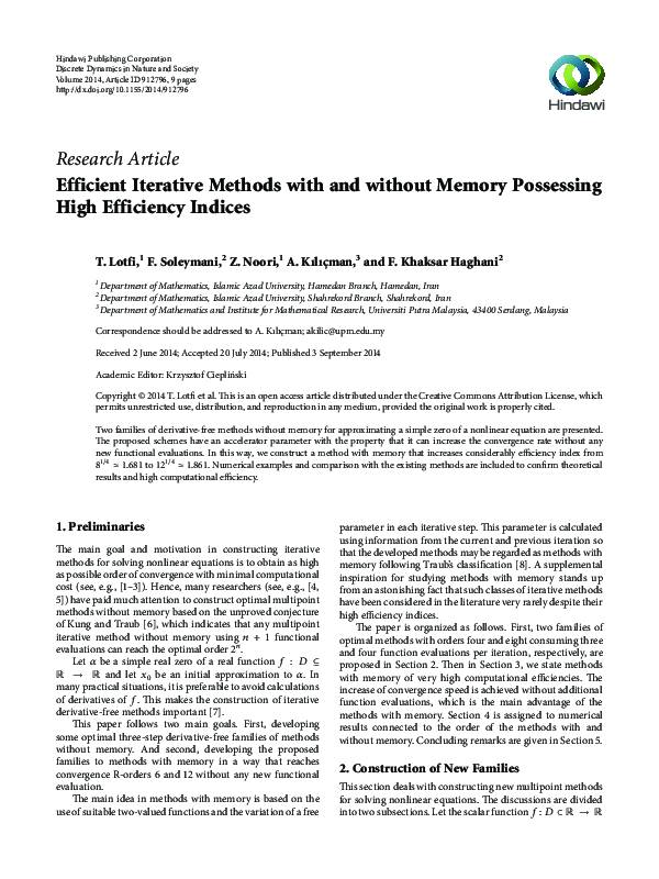 (PDF) Efficient Iterative Methods with and without Memory Possessing ...
