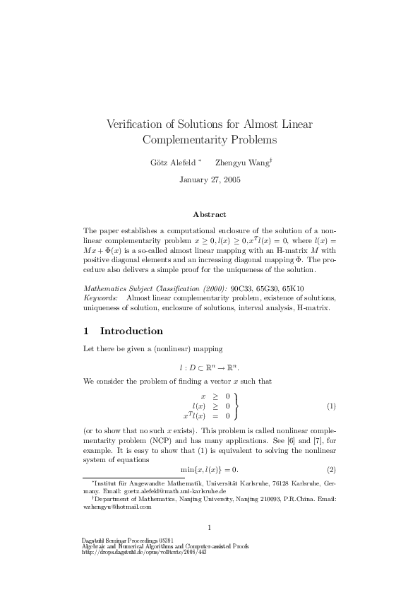 (PDF) Verification of Solutions for Almost Linear Complementarity Problems