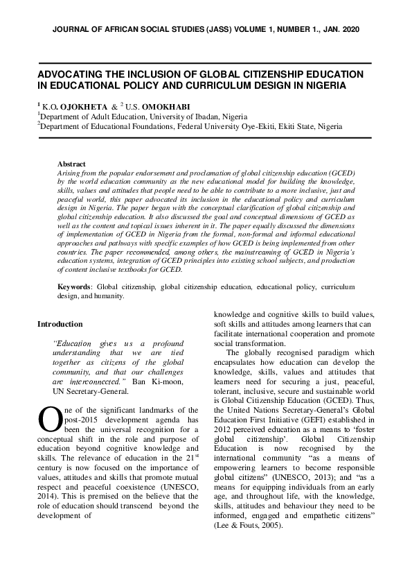 (PDF) ADVOCATING THE INCLUSION OF GLOBAL CITIZENSHIP EDUCATION IN ...