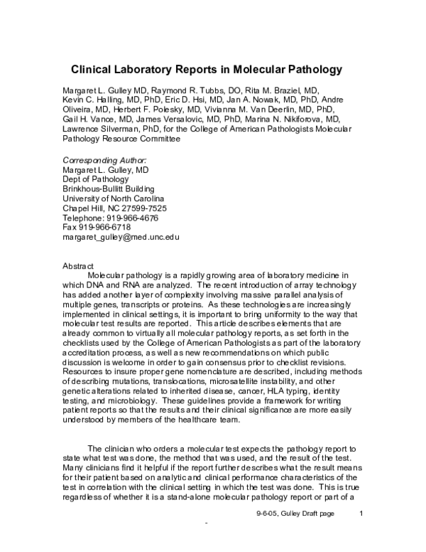 (PDF) Clinical laboratory reports in molecular pathology
