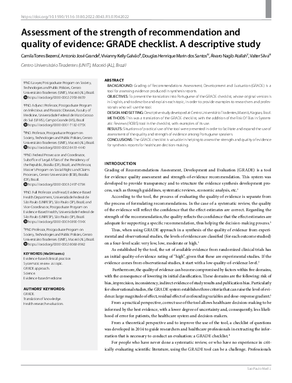 (PDF) Assessment of the strength of recommendation and quality of ...