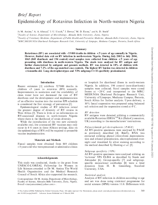 (PDF) Epidemiology of Rotavirus Infection in North-western Nigeria