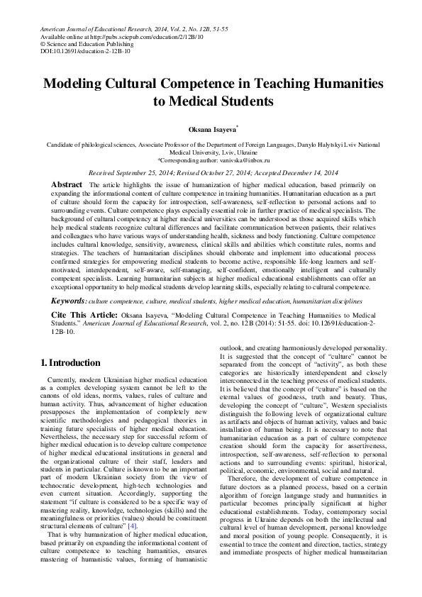 (PDF) Modeling Cultural Competence in Teaching Humanities to Medical ...