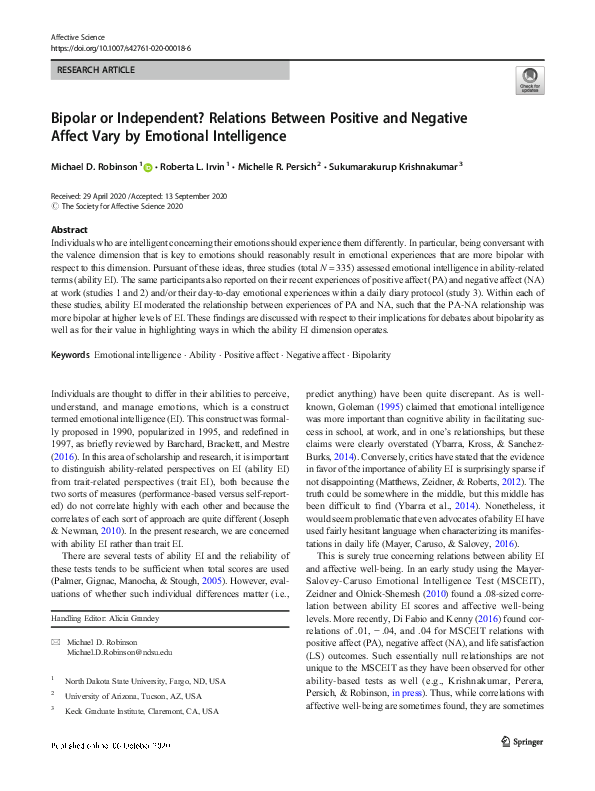 (PDF) Bipolar or Independent? Relations Between Positive and Negative ...