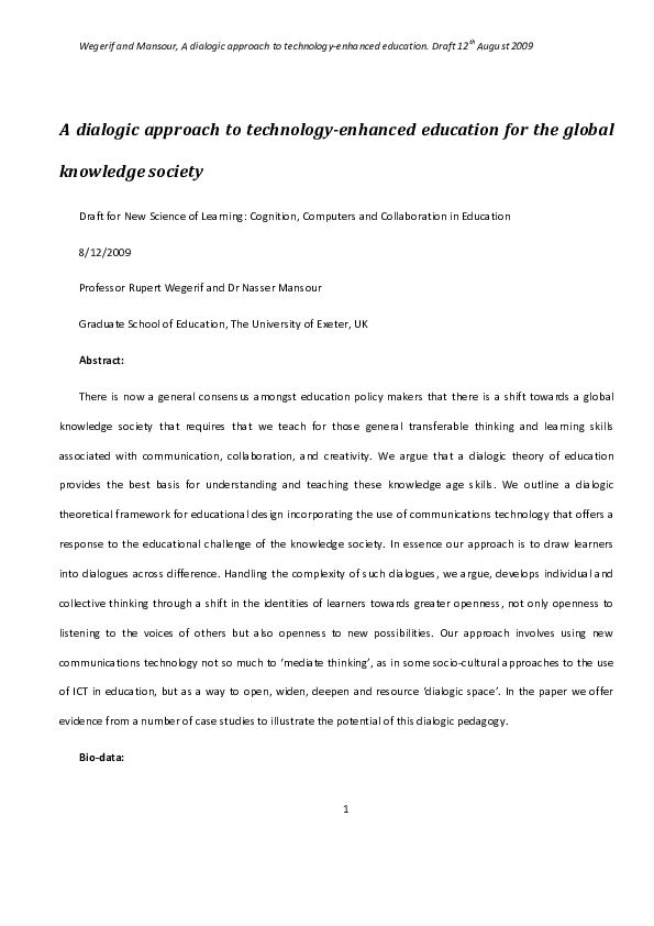 (PDF) A Dialogic Approach to Technology-Enhanced Education for the ...