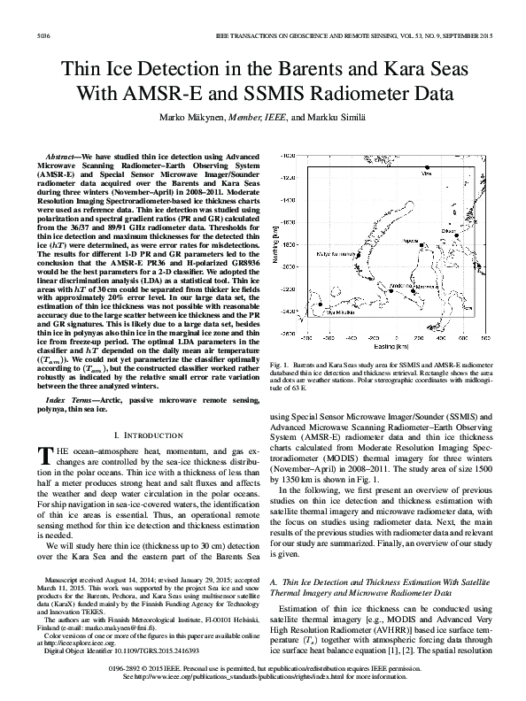 (PDF) Thin Ice Detection in the Barents and Kara Seas With AMSR-E and ...