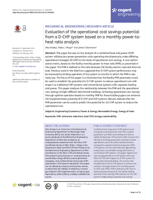 (PDF) Evaluation of the operational cost savings potential from a D-CHP ...