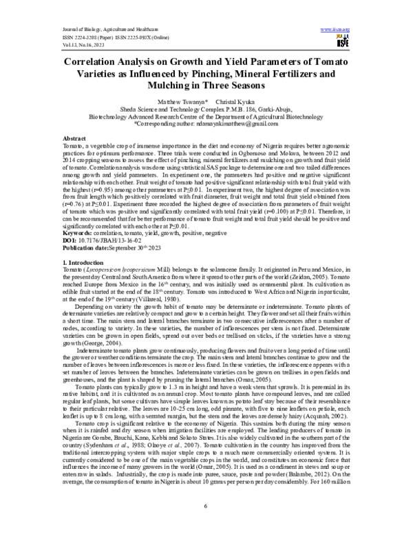(PDF) Correlation Analysis on Growth and Yield Parameters of Tomato ...