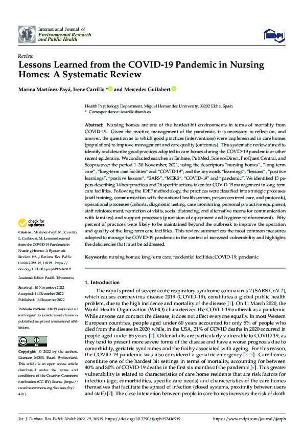 (PDF) Lessons Learned from the COVID-19 Pandemic in Nursing Homes: A ...