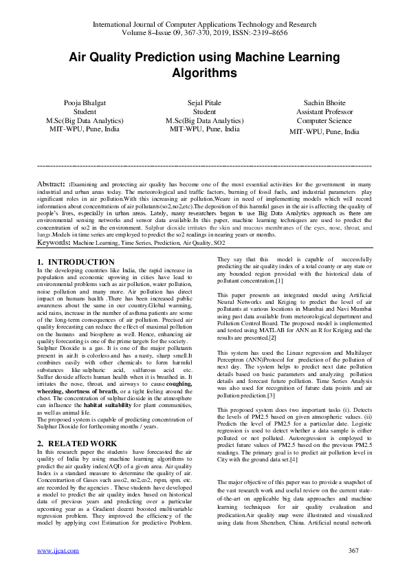 (PDF) Air Quality Prediction using Machine Learning Algorithms