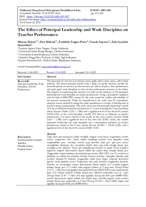 (PDF) The Effect of Principal Leadership and Work Discipline on Teacher ...