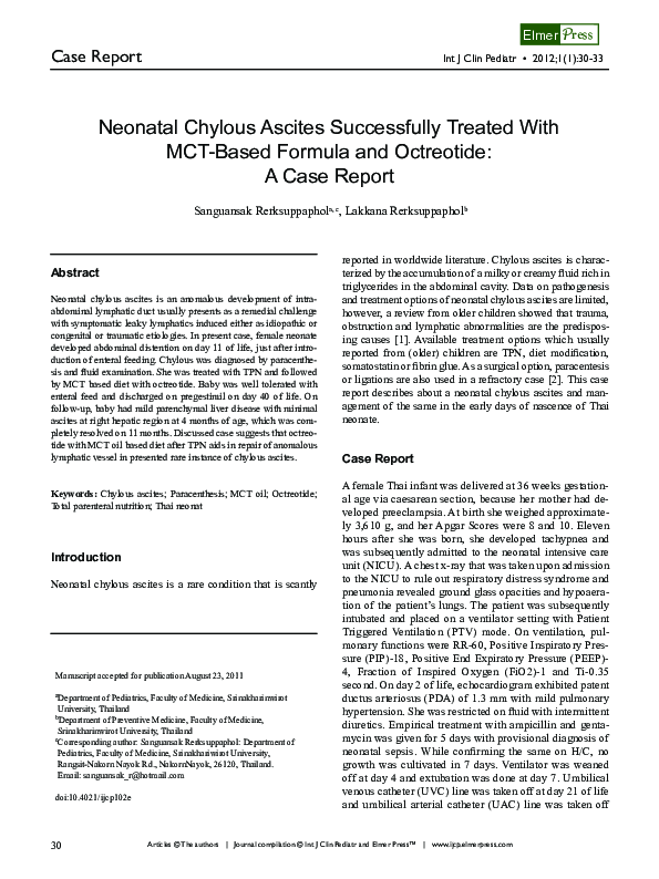 (PDF) Neonatal Chylous Ascites Successfully Treated With MCT-Based ...