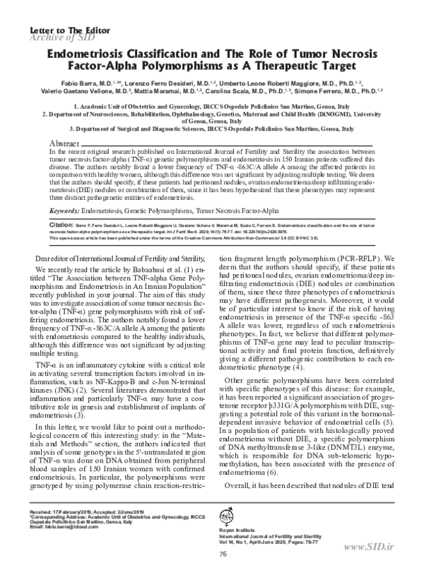(PDF) Endometriosis Classification and The Role of Tumor Necrosis ...