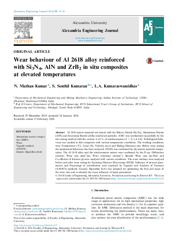 (PDF) Wear behaviour of Al 2618 alloy reinforced with Si 3 N 4 , AlN ...