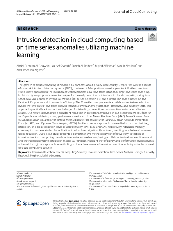 (PDF) Intrusion detection in cloud computing based on time series ...