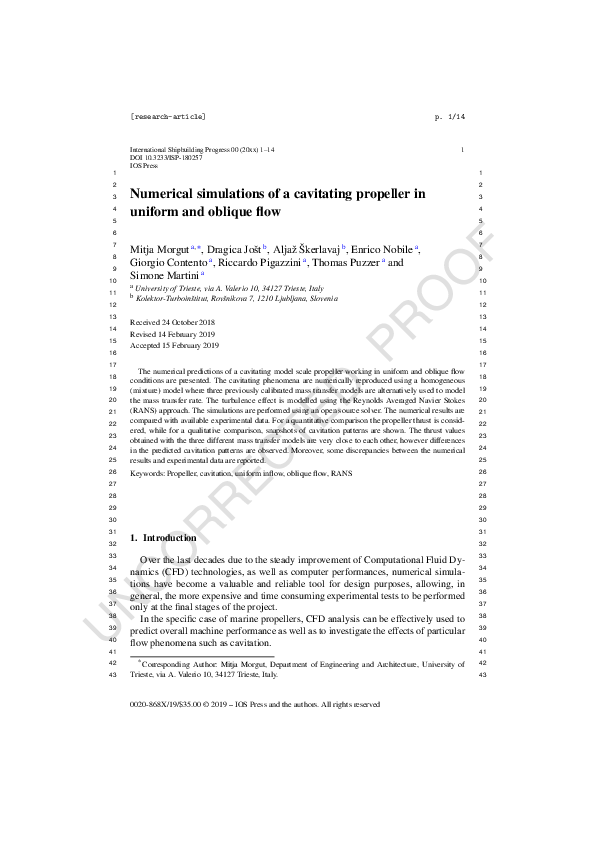 (PDF) Numerical simulations of a cavitating propeller in uniform and ...