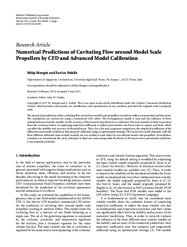 (PDF) Numerical Predictions of Cavitating Flow around a Marine ...