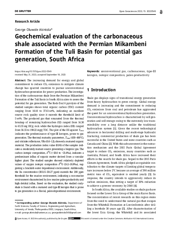 (PDF) Geochemical evaluation of the carbonaceous shale associated with ...